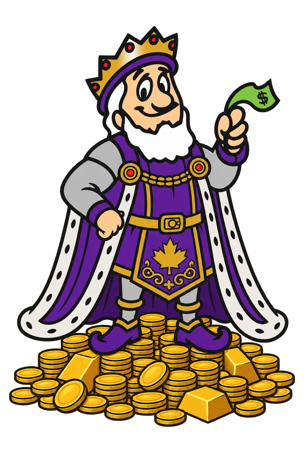 Buy & Sell Kings mascot standing with gold bars and coins